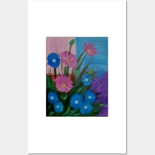 pink and blue carnations set against a color block background. Posters and Art